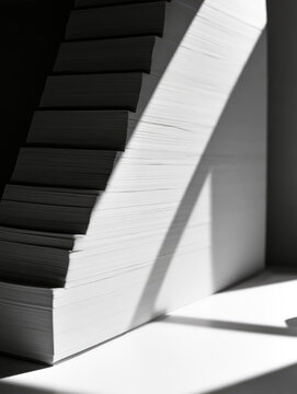 Stack of paper desk light sharp shadow geometric shape abstract composition high contrast sunlit surface minimal scene evaluation metaphor grading concept