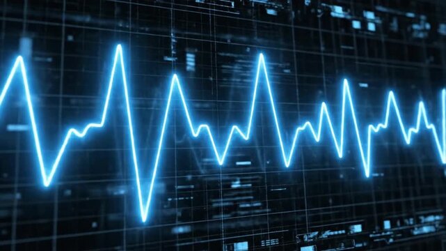 Digital sine audio wave form displayed in blue color showcasing sound patterns and frequencies in a simple grid design