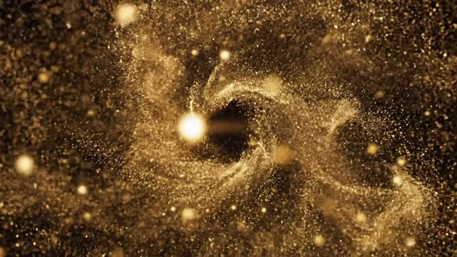 Motion of gold particles and lights on black background creates a dynamic visual experience for viewers in this animated display