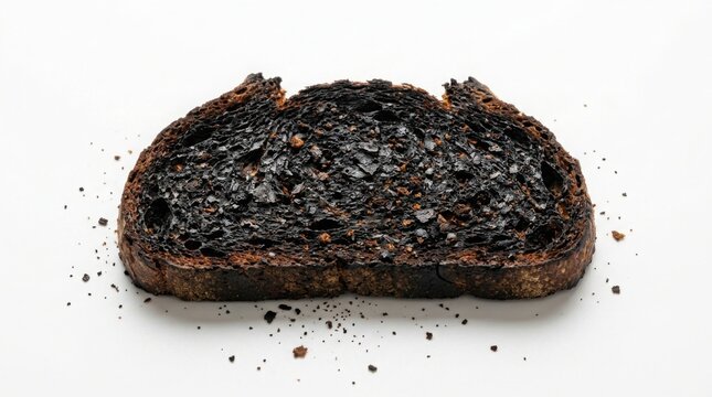 Burnt toast slice with crumbs on white background