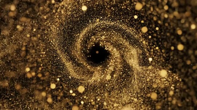 Motion gold particles and light flashes on black background create a striking visual effect with smooth transitions and movements