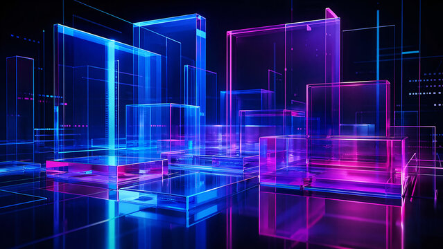 Futuristic Digital Cityscape with Glowing Neon Cubes