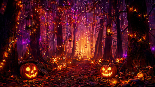 Enchanted Halloween Forest with Jack-o'-Lanterns
