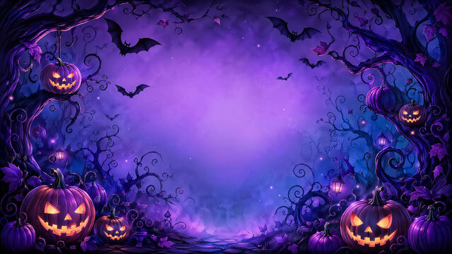 Halloween Dark Forest with Pumpkins and Bats