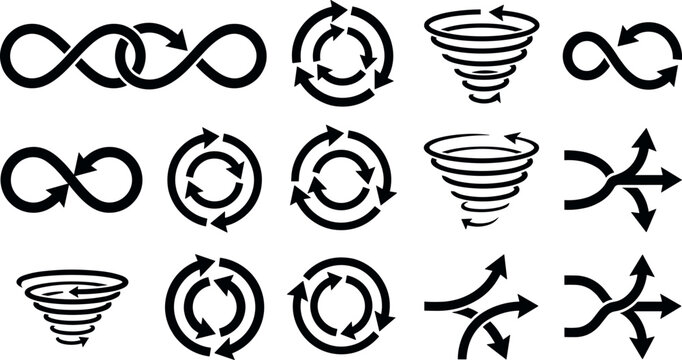 Infinity Loop and Circular Arrow Icon Set with Vortex Spirals and Directional Flow Symbols for Infographics Data Processing and Tech Vector Designs