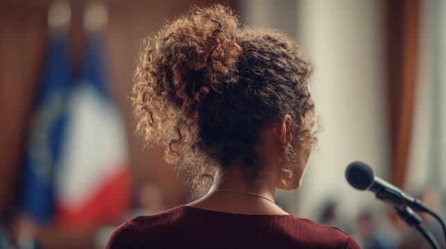 Woman with curly hair speaks into a microphone. French flag visible behind her. Scene suggests public speech or official address. Suitable for political events or public forums