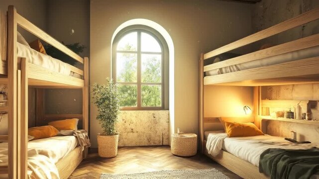 Cozy Bunk Bed Room with Natural Light and Greenery for Relaxing Stays
