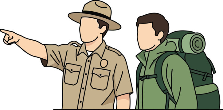 Forest ranger pointing direction to a hiker with a backpack, direction