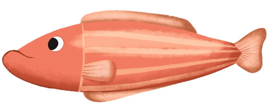 Orange striped swimming fish tail. Graainy paper texture digital nursery art. For wall art, baby shower, postcard. Ocean animal.