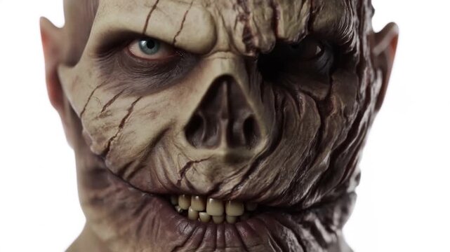 Slow push in close up of zombie skull face turning and revealing decayed textured skin and clenched teeth on white studio background