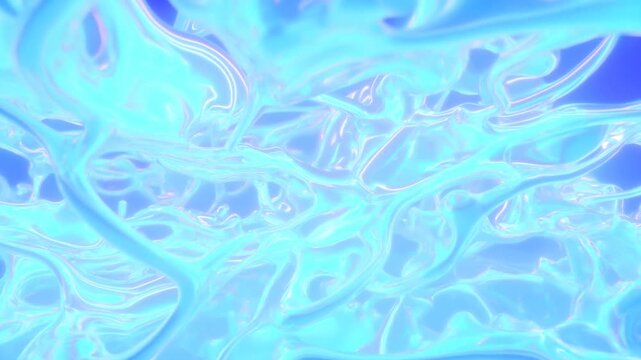 Slow motion close up of iridescent viscous liquid flowing and undulating in abstract studio set with glossy blue translucent textures