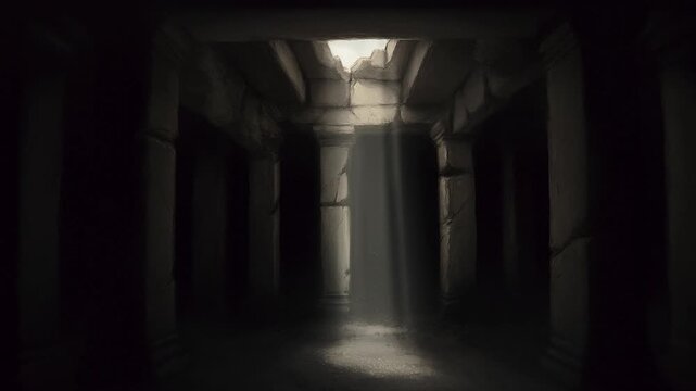 Static shot of light shafts streaming through skylight in ancient stone temple chamber with pillars and dust on floor revealing worn stonework and shadowy interior