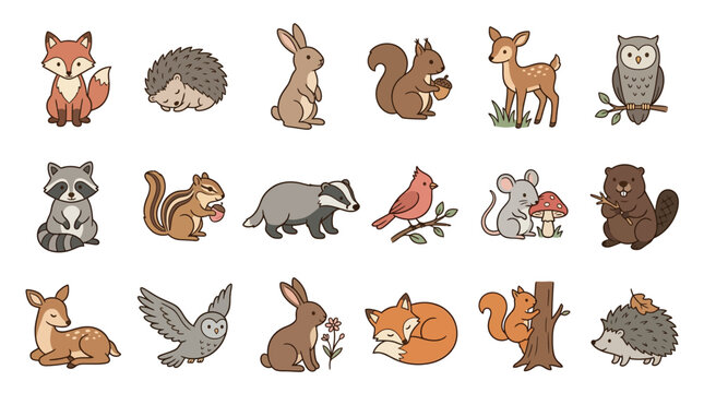 Collection of Cute Forest Animals in a Whimsical Cartoon Style.