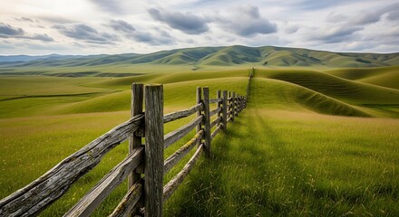 Obraz premium Wooden fence stretching across a vast, rolling green landscape