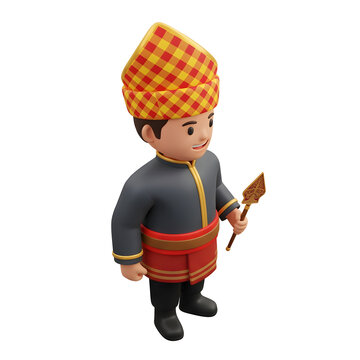 3D render of a man in traditional Malay attire holding a keris hilt