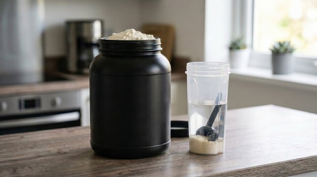 Black protein creatine monohydrate powder container and shaker with scoop on kitchen counter  