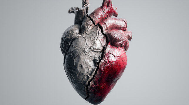 Human heart model half dark cracked and half red healthy, medical concept on gray background
