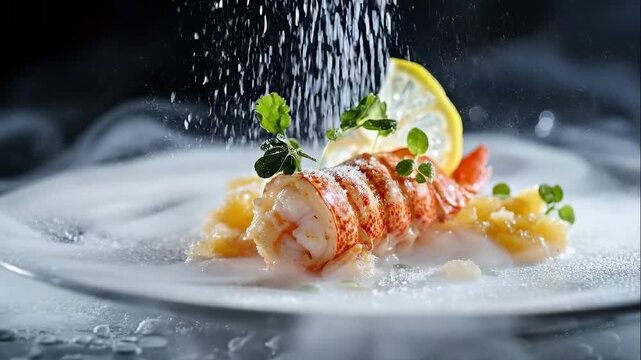 Gourmet lobster tail dish with lemon and herbs, elegantly presented with smoke and powder