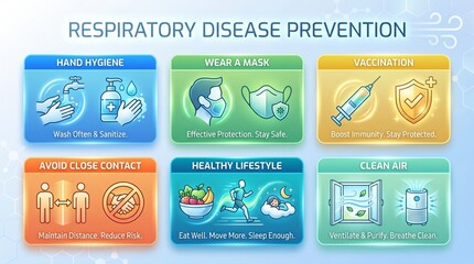 Naklejka premium Graphic illustrating respiratory disease prevention measures in colorful style 