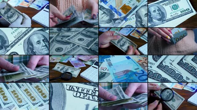 Split screen of US dollar bills cash economy comparison concept in 4K Ultra HD footage.
