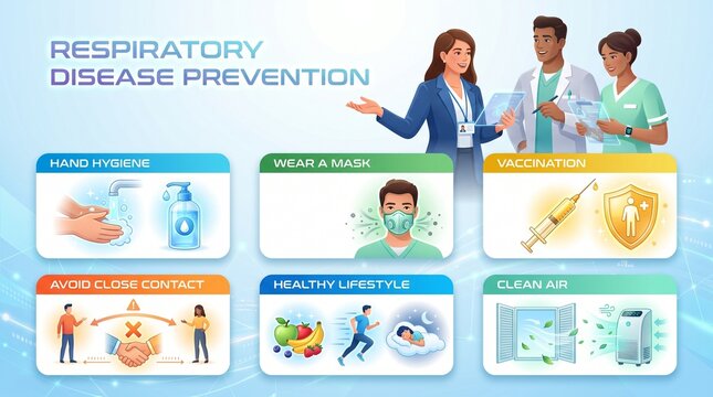 Respiratory disease prevention infographic with hygiene and vaccination tips  