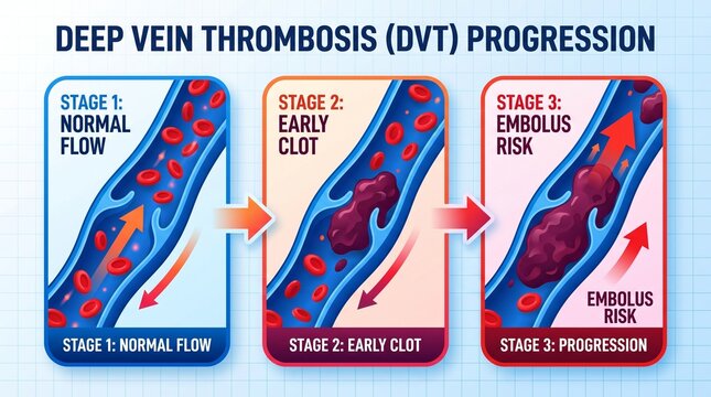 Deep vein thrombosis (DVT) progression stages illustrated in diagram  