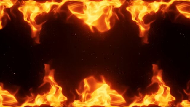 Static shot of symmetrical flames flickering and reflecting along top and bottom edges against dark backdrop with floating embers and glowing sparks