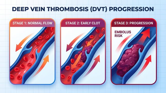 Deep vein thrombosis (DVT) progression stages in medical illustration  