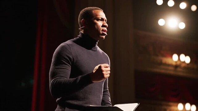Actor performs a monologue on stage in a theater during evening show with bright lights