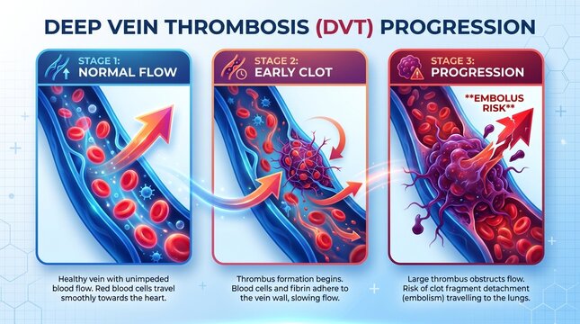 Deep vein thrombosis (DVT) progression stages with visual illustration  