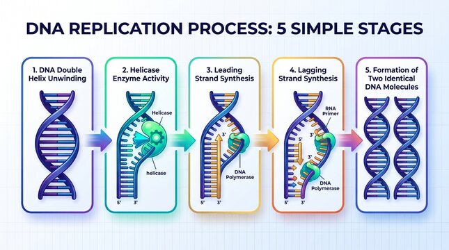 DNA replication process illustrated in five simple stages  