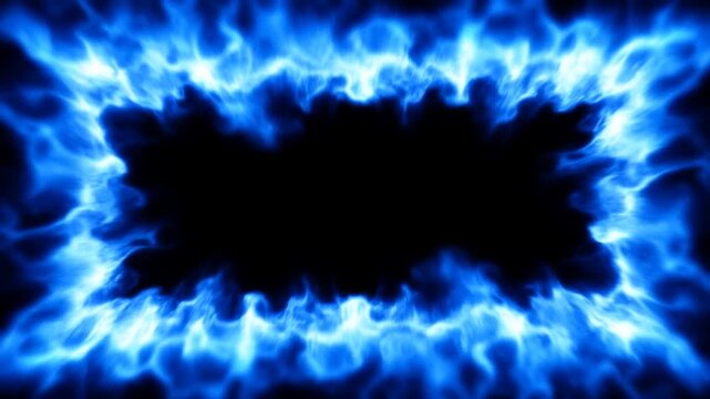Static shot of blue energy flame border pulsing around black rectangular center on dark background with subtle inward motion