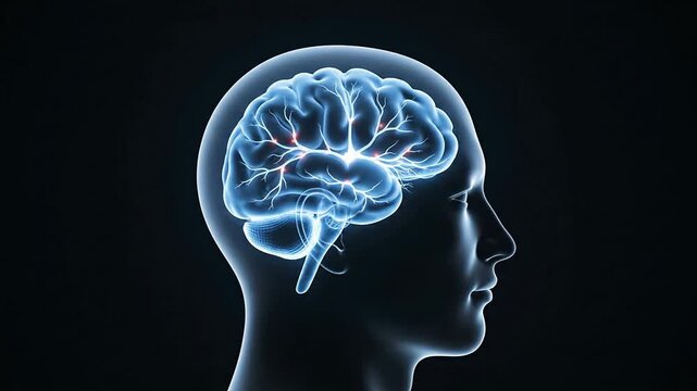 Healthy Aging Brain Concept Visualization with Illuminated Neural Connections Inside a Mature Head Silhouette on Dark Background