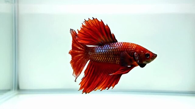 Red orange siamese fighting fish swims in clear tank and shows half moon tail at VSRExport location