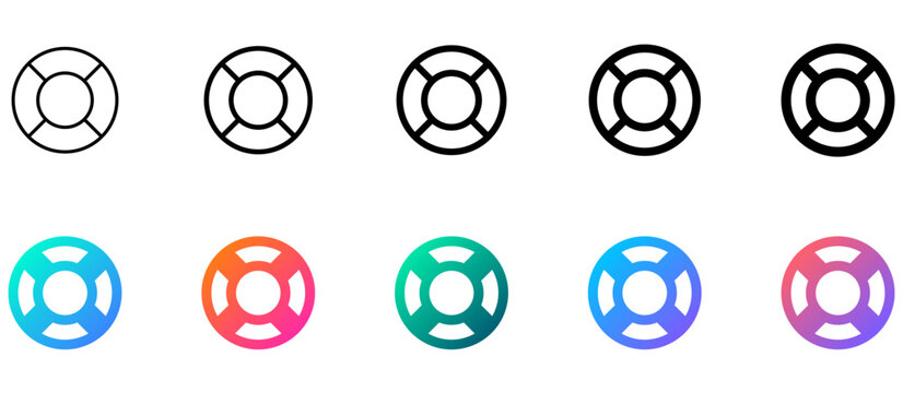 Minimal Help Support Gradient Icon Button Set. Help and support icons lifebuoy symbol sign in outline and gradient button styles for FAQs, customer care, onboarding, settings, and app interfaces.