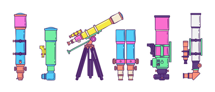 Telescope vector icon set collection featuring colorful binoculars, monoculars, and spotting scopes isolated on white background for astronomy, science, observation, and stargazing concepts.