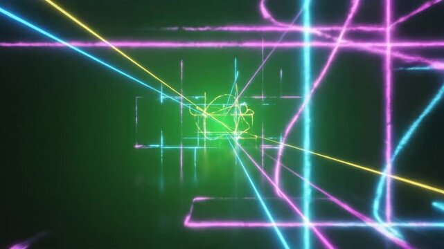Bright neon lines move in an abstract pattern that creates a loopable backdrop for various uses and projects