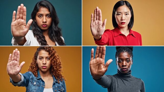 Four young women pose seriously with hands raised in various locations for expression and empowerment