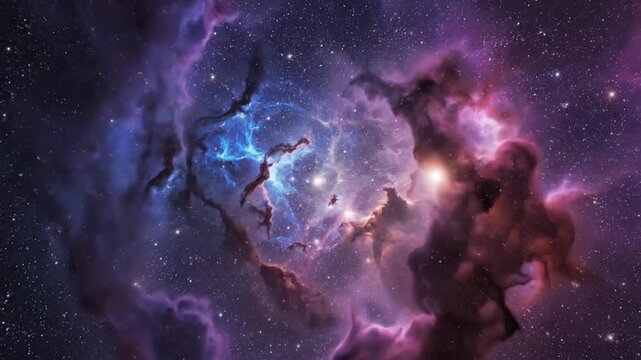 Loopable flight through deep space nebula showcasing colors and shapes in distant galaxies around bright stars
