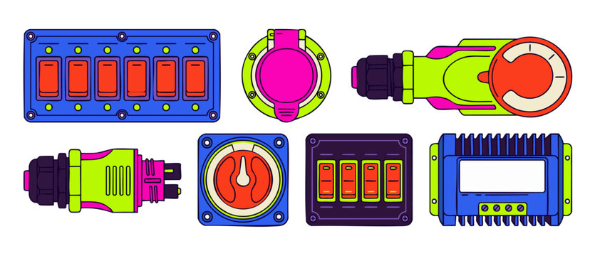 Marine electrical panel switch icons set for boat control system wiring schematic design vector illustration showing rocker switches plugs rotary dials and voltage regulators on an isolated background