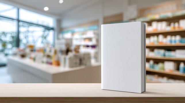 Blank book on wooden table in a bright pharmacy setting.