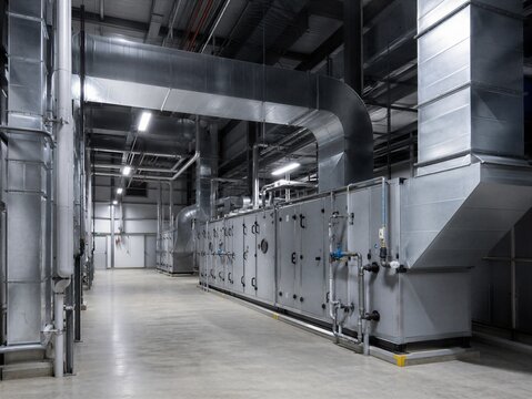 Large industrial hvac unit installed in warehouse facility. Ventilation ductwork system for air conditioning and climate control. Modern engineering infrastructure and mechanical pipe.