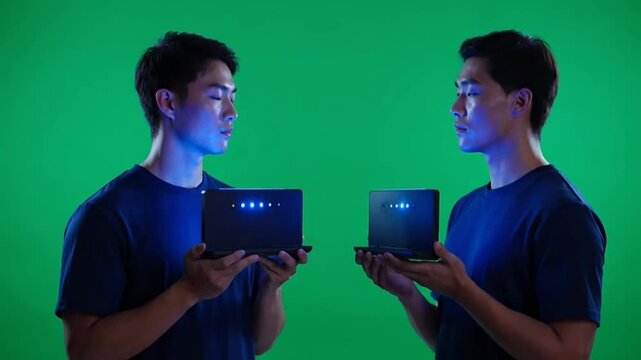 Two Asian men holding glowing futuristic devices facing each other on green screen.