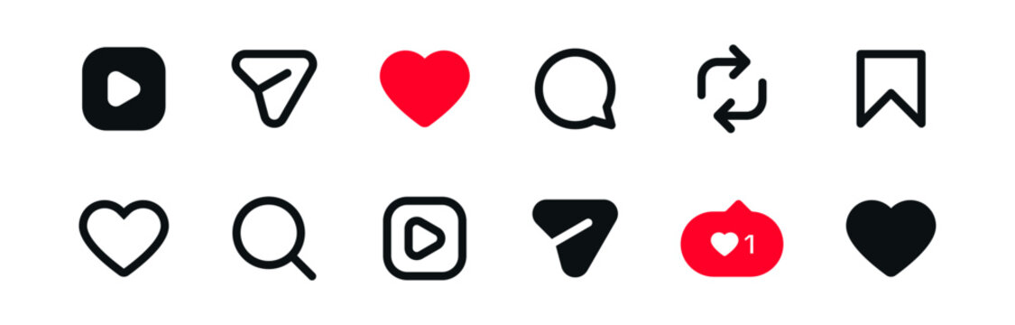 Minimal Social Media Instagram Icon Button Set Pack. Social media interface icon buttons for like, comment, share, save, repost, and reaction controls in mobile apps, UI kits, and dashboards.