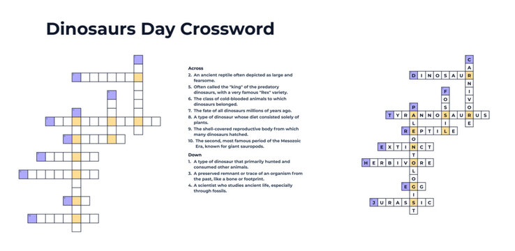 Dinosaur Day crossword puzzle vector with complete answer key on transparent background, perfect for educational materials, worksheets, and activity books