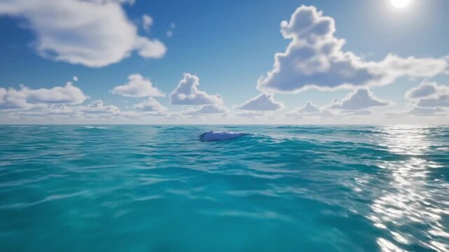 Looping flight over the ocean in a computer-generated animation showing clouds and waves