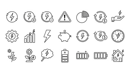 Fototapeta premium Energy icons, power symbols, 25 electricity signs, battery logos, eco-friendly graphics