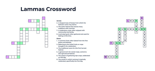 Obraz premium Vector Lammas crossword puzzle printable with complete answers on a transparent background for Lughnasadh events, websites, educational materials, and games.