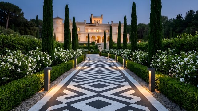 Geometric Marble and Basalt Garden Path in Luxury Landscape with Palace Facade at Soft Warm Light