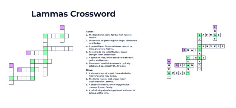 Professional Lammas crossword puzzle printable with complete solutions on a transparent background for harvest materials, websites, pagan resources, and table games.